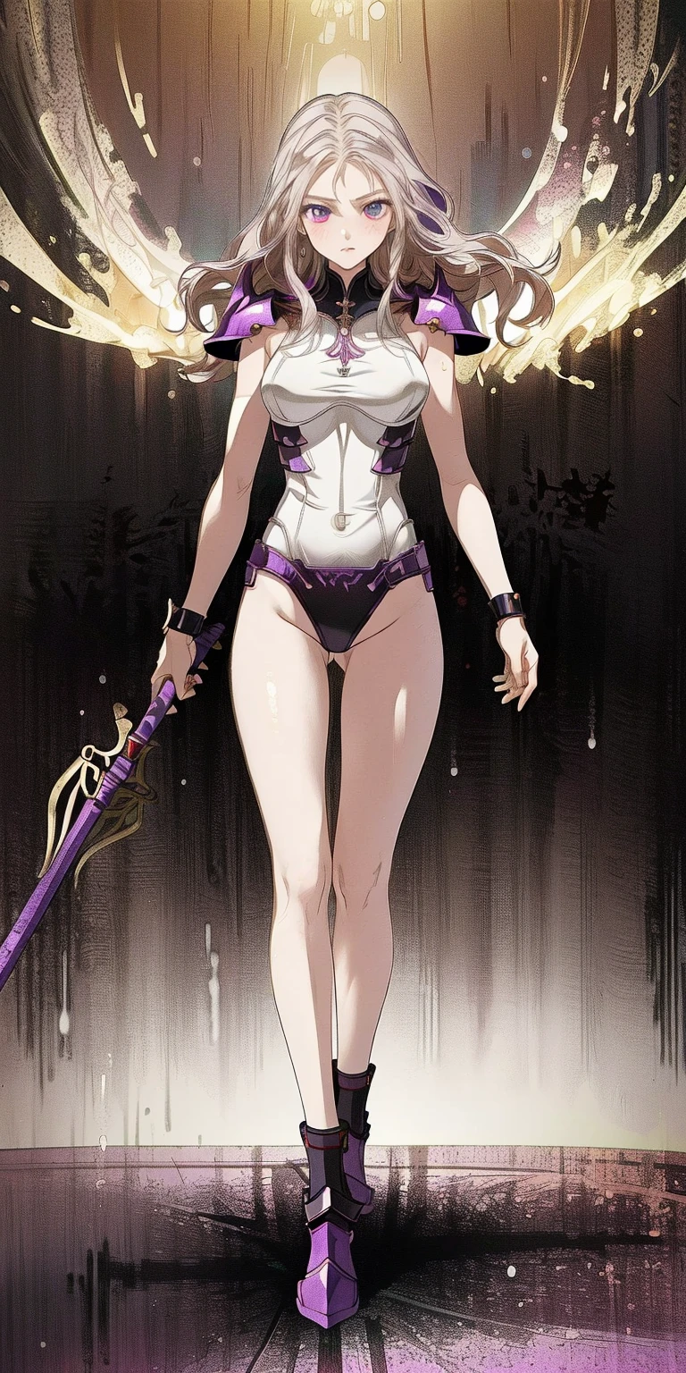 white short hair, dark skin, Flat-chested girl,slim figure,big white veil,sports,Bare waist,Tattoo,thong,Bare arms,Bare legs,barefoot,Scimitar,Standing,desert