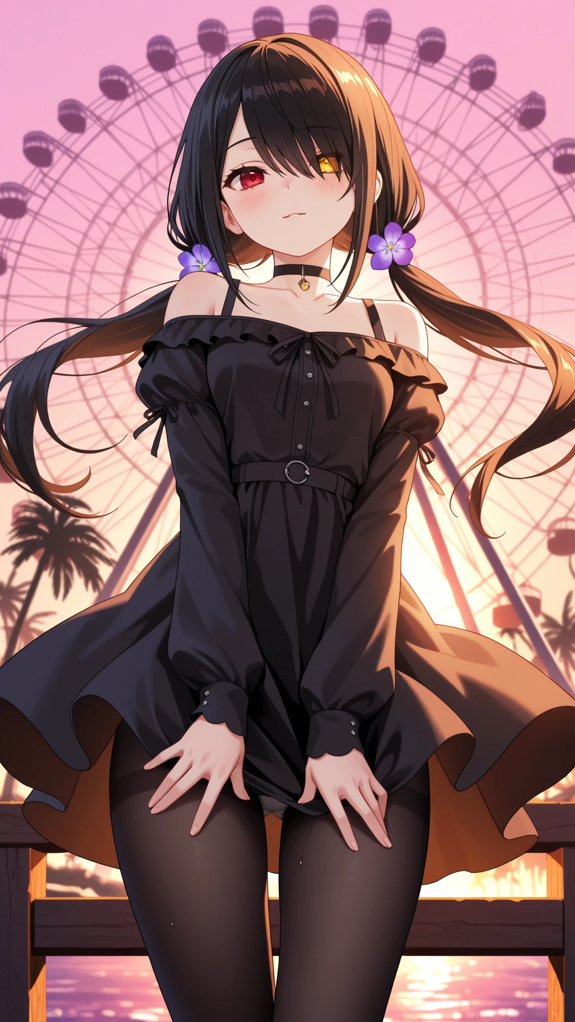 BREAK (masterpiece:1.2), best quality, high resolution, unity 8k wallpaper, (illustration:0.8),looking at viewer, (beautiful detailed eyes:1.6),Wooden pier at sunset, stretching into the calm ocean, warm orange and pink sky casting reflections on wet planks, glowing neon signs from nearby cafés and arcades, Ferris wheel turning slowly in the background, palm trees swaying in a gentle breeze, soft ambient haze, shimmering waves, cinematic golden hour lighting, nostalgic seaside vibe, ultra-detailed, realistic textures, wide shot, shallow depth of field,floating hair,floating skirt,blush, seductive expression,kurumi tokisaki casual, long hair, black hair, red eyes, long sleeves, dress, pantyhose, hair over one eye,yellow eyes,heterochromia, black dress, black pantyhose, puffy sleeves, choker, collarbone, skirt, black skirt, flowers, hair flowers, purple flowers, twintails, low twintails,cowboy shot,from below,bare shoulder,white panties,