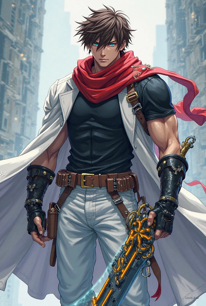 (masterpiece:1.2, best quality:1.2, extremely delicate:1.2), ((male:1.5)), a middle-aged man with slicked-back brown long hair, golden parted bangs, raised thick eyebrows, sharp eyes, rugged features, a full beard, a confident smile, tall and sturdy build, a fantasy martial arts style white open-chest silk coat with a long hem, a yellow shawl, long gloves, a leather belt, canvas trousers, standing in a sunny desert oasis, this character embodies a finely crafted fantasy martial arts style desert ruler in anime style, exquisite and mature manga art style, dramatic, high definition, highres, ultra-detailed, ultra-fine painting, professional, perfect body proportions, golden ratio, anatomically correct, symmetrical face, extremely detailed eyes and face, high quality eyes, creativity, RAW photo, UHD, 32k, Natural light, cinematic lighting, (masterpiece-anatomy-perfect:1.2)