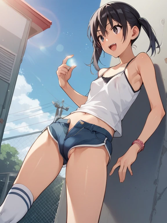 score_9, score_8_up, score_7_up, source_anime, best quality, masterpiece, official art, absurdres, highres, ultra-detailed,waifu2x,Collection: Slice of Life,break,1girl, tomboy, dark-skinned female, short hair, low ponytail, flat chest, beautiful detailed eyes, short shorts aside, sweat, (nipple:0.6), very sweat, (wavy mouth:0.5), (yawn:0.3),saliva, blush, vaginal sex, clothed sex, intense sex, big penis, (stomach bulge:0.4),twitching penis, pussy, pussy juice, sexual climax, trembling, female orgasm, forced orgasm,intense orgasm, heavy breathing, motion blur, motion lines, cum, creampie, facial, sound effects, spoken heart, outdoors, wind, break,(clear line illustration:1.2),very high resolution, very aesthetic, super detailed skin, Best sexual lighting powered by famous artist, 8k,cute picture,beauty illustration,photoshop_(medium),,(Detailed Lighting),best anime 8k konachan wallpaper, pixiv contest winner, 