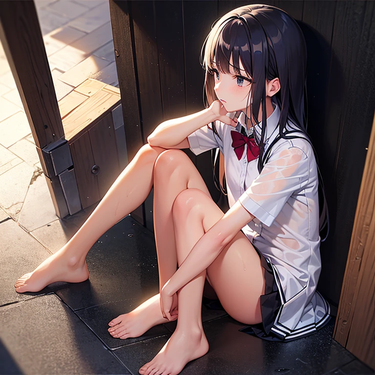 score_9, score_8_up, score_7_up, score_6_up, uncensored, yukinoshita yukino, absurdly long hair, grey eyes, black hair, very long hair, horny face, blush face, lips, naughty face, shiny skin, sweating, steaming body, curvy, voluptuous, heavy breathing, (small breasts:1.3), detailed body, detailed eyes, barefoot, 1girl, feet, skirt, toes, looking_at_viewer, shirt, solo, black_skirt, sitting, outdoors, day, jewelry, bare_legs, bare_shoulders, white_shirt, lips, soles, off_shoulder, tree, belt, pleated_skirt, sleeveless, dramatic,
