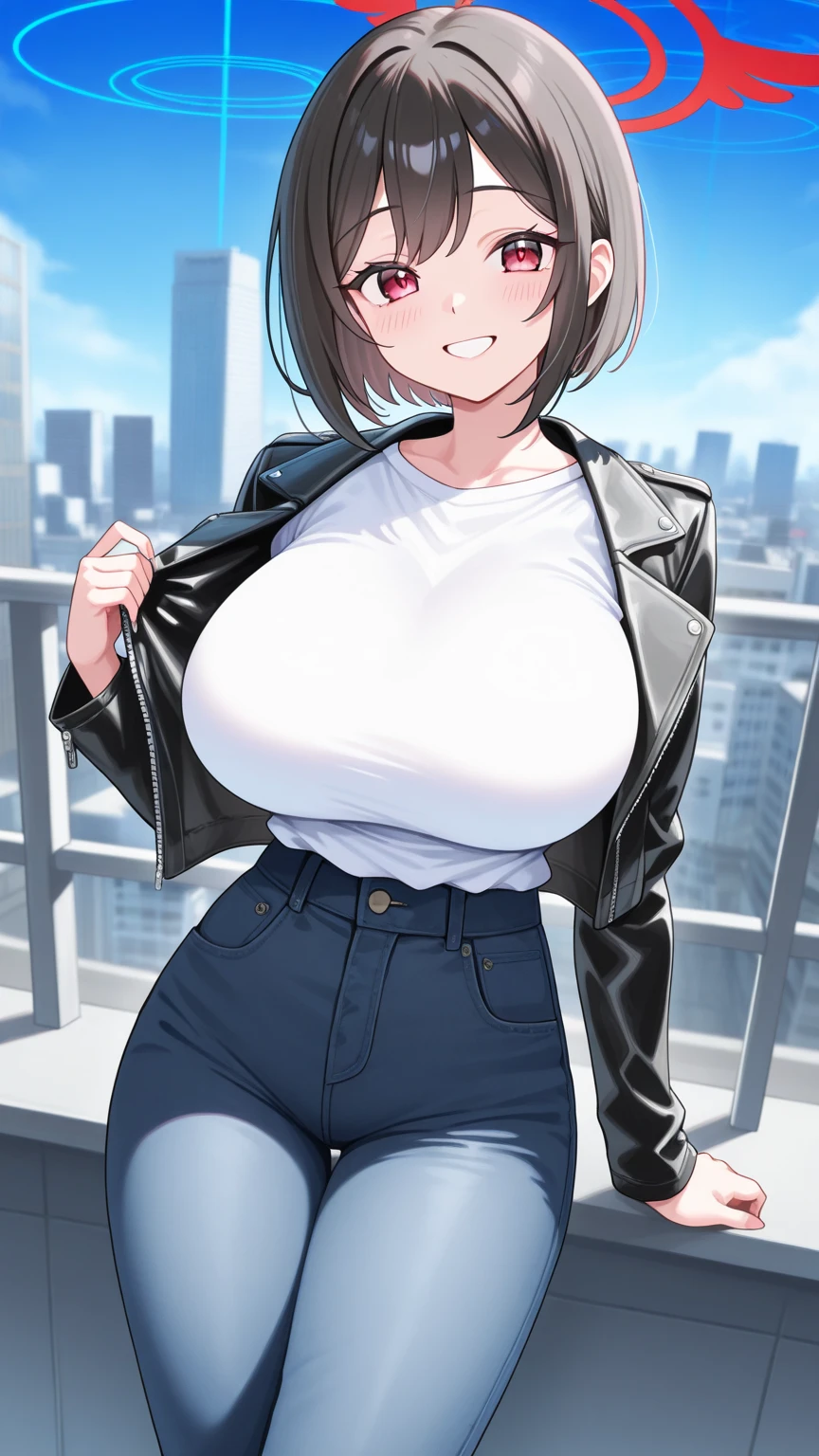 mature woman, mature face, hot face, glossy lips, (black hair, short hair, hime bangs), mature body, big breast, gray shirt, tight shirt, puffing chest out, (black leather jacket), tight pants, big ass, sidewalk, (night), front view, proud expression