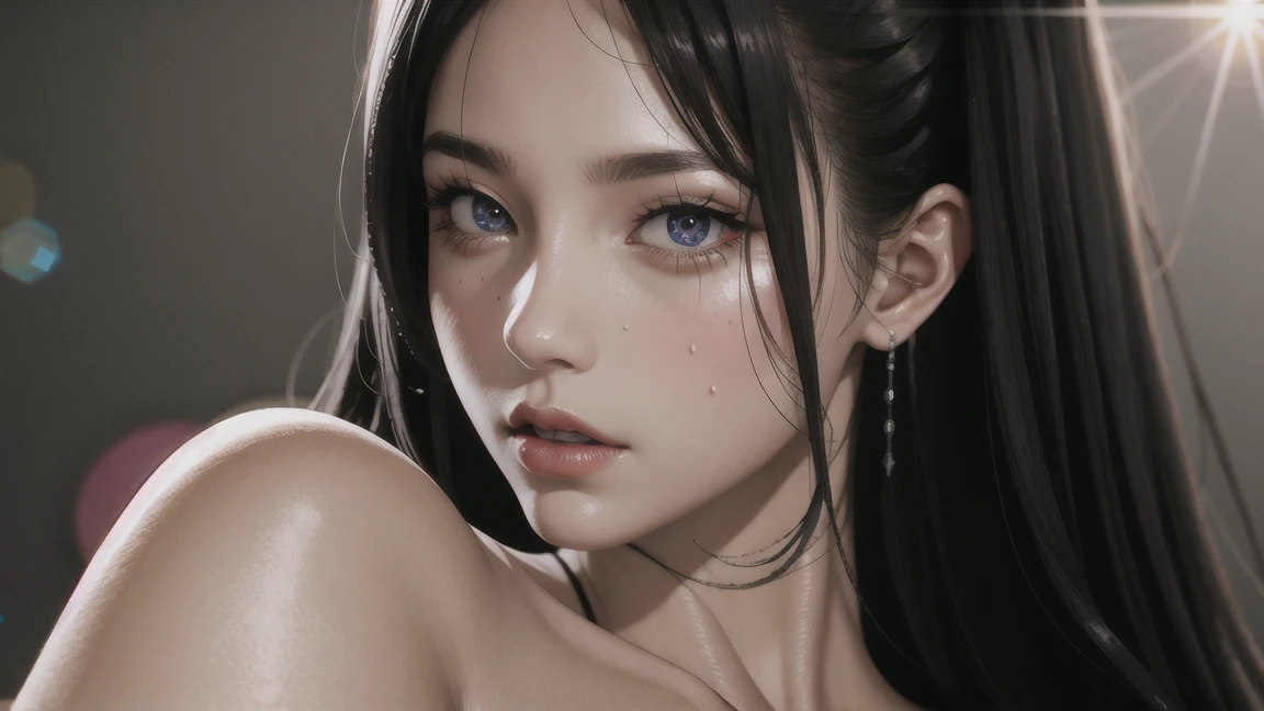 Kaori, Single model, solo, half Asian, half Latino, very long straight black hair, high ponytail, freckles, blushing, wet eyes, long chain pendant, very large heavy breasts, chubby, belly, stretchmarks, (best quality,4k,8k,highres,masterpiece:1.2),ultra-detailed,(realistic,photorealistic,photo-realistic:1.37),detailed portrait, cinematic lighting, natural skin texture, intricate details, dramatic colors, moody atmosphere, heavy eye shadow, mascara, succubus 
