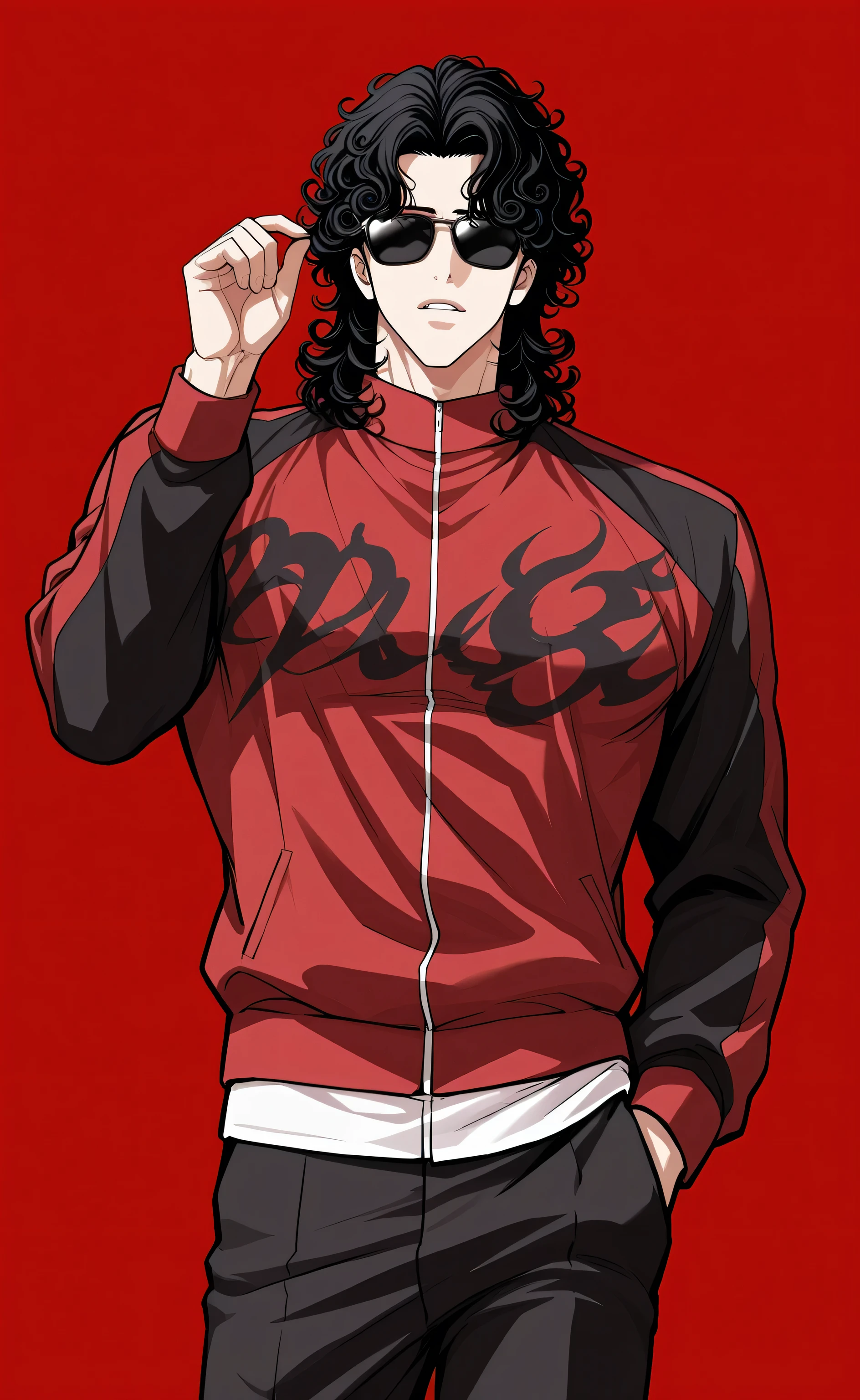 1male,solo,black hair,medium hair,curly hair,not eyes,sunglasses,red and black jacket,muscle,Lookism