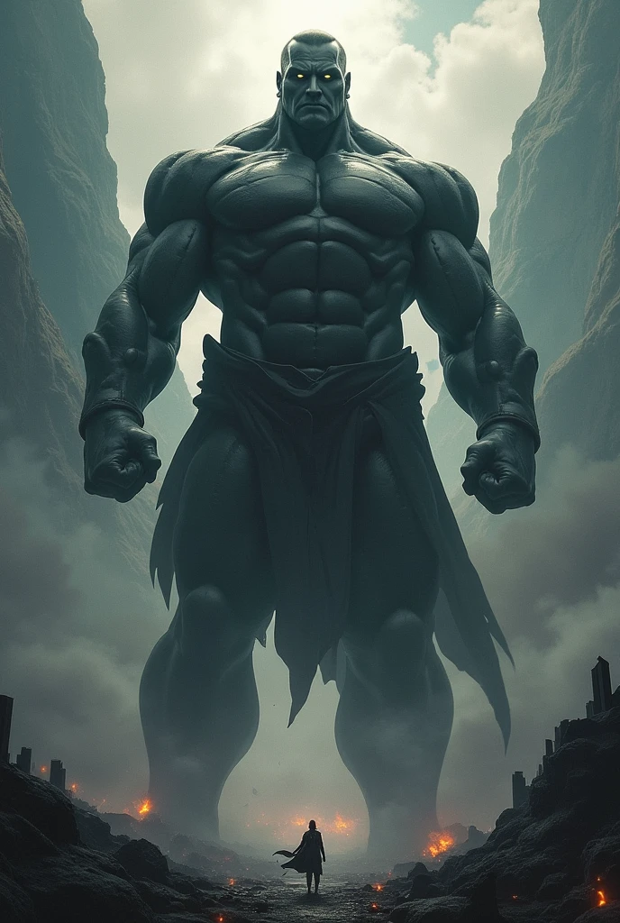 Draw a ninja with his back turned looking at a giant who is his final enemy with lightning and clouds in the background