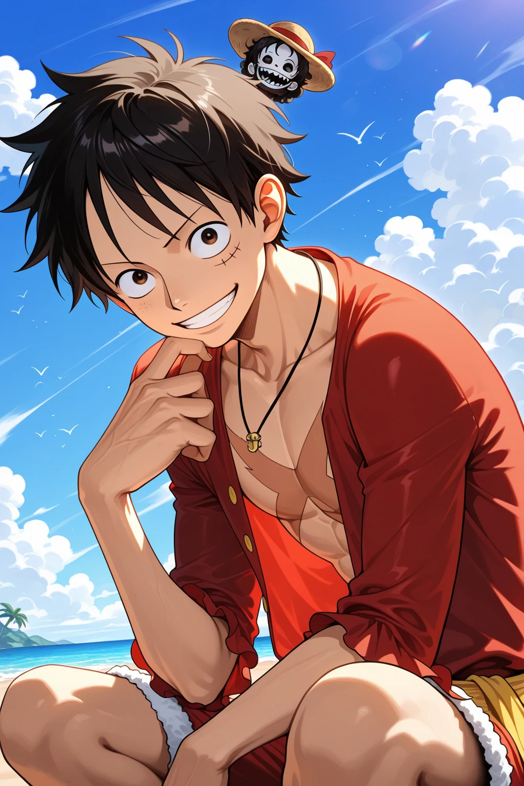 Demon slayer Tanjiro Kamado, male, dressed as Luffy from One piece, smiling