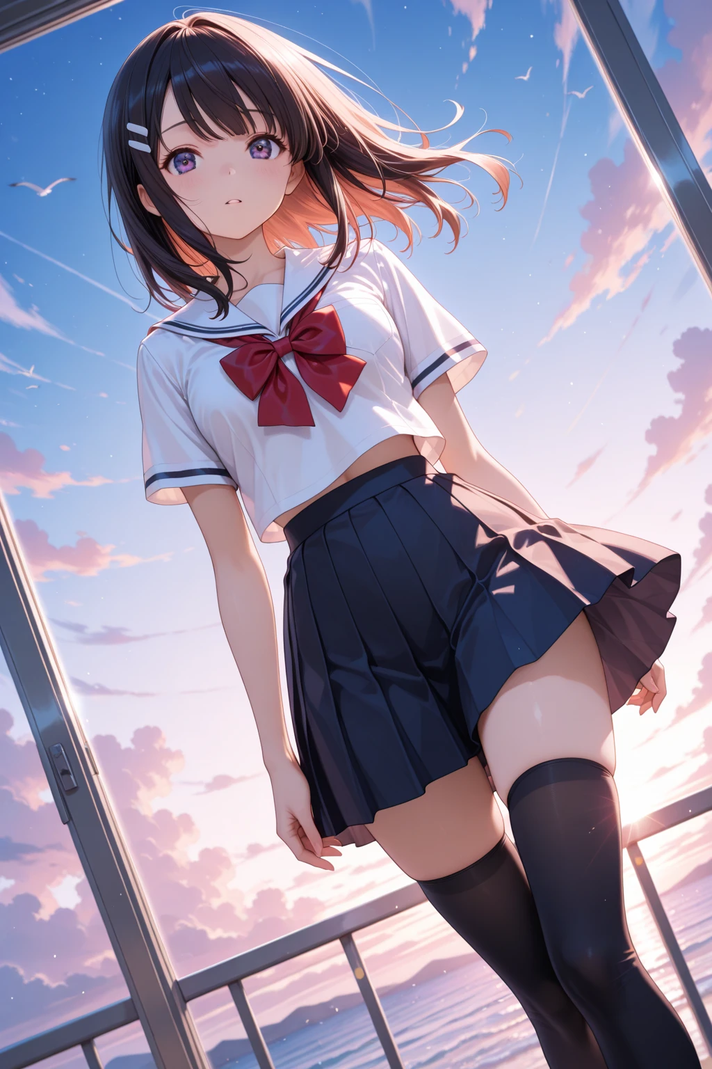 1 cute girl , City Bike Pedaling , wave her hand , Carry the bag on your back,fully body photo, From below, School uniform, ((Frosting skirt)), ((White panties), Long hair, half up, background sunset, Backlight , red blush,embarrassed from、(Medium short black hair), Open mouth, ((masutepiece)), ((Best Quality)), ((Ultra-detailed)), (Illustration), ((extremely delicate and beautiful)),(NSFW)、Black pantyhose