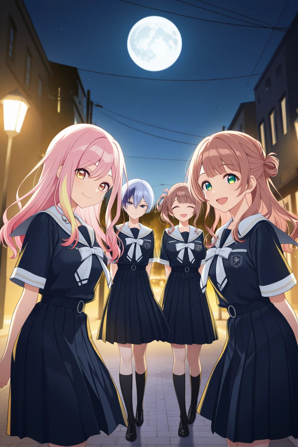 (best quality, masterpiece:1.5), (lavender eyes, yellow hair:1.3), (2girls, very long hair:1.2), restroom, bangs, blush, BREAK school uniform, (bottomless, skirt lift:1.2), short sleeves, pleated skirt, white serafuku, yellow neckerchief, pink sailor collar, yellow skirt, huge breasts, looking at viewer, (bright colors:1.3), detailed