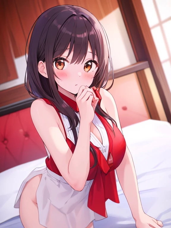 1Beautifulwoman,kneeling on a bed,pyjamas,show legs,Barefoot,full bodyesbian,Face looking at the audience,Long hair,long leges,鎖骨