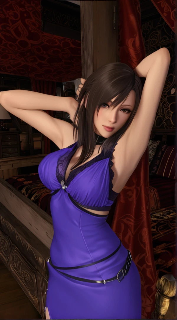 (highest quality:1.4) ,unreal engine,masterpiece, super resolution,(realistic: 1.3),(Liar:1.4),vagina,sex,highest quality, Raise the hand,very delicate and beautiful, High resolution,kissing face,NSFW, 1 girl, Tifa_lock heart, smile, black hair, long hair, purple dress,beautiful detailed red eyes, round chest, big breasts,in the bedroom