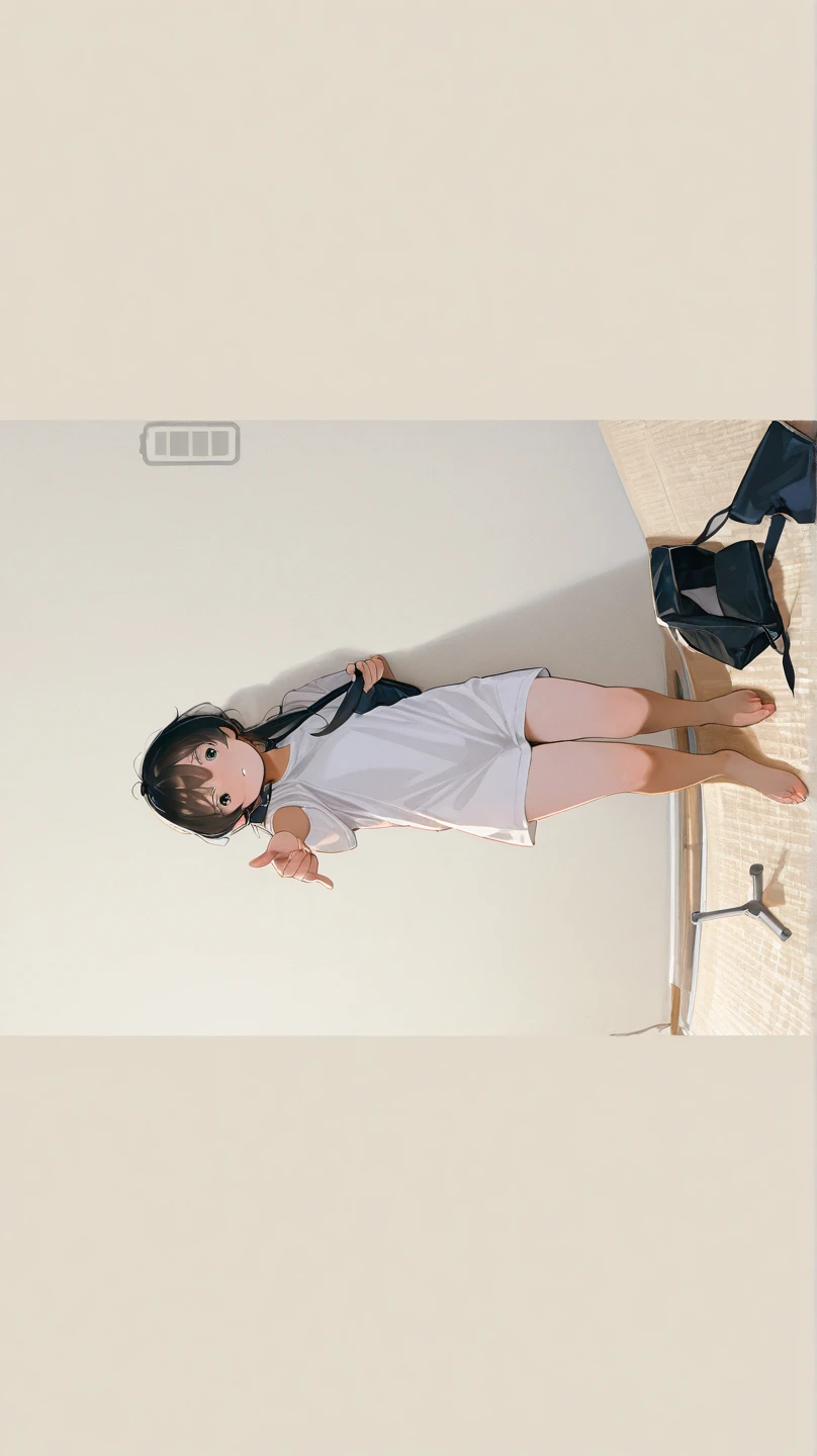 {{best quality}}, {{very detailed}}, {illustration}}, {{very delicate and beautiful}}, ((in front of full-length mirror in her room)), girl standing naked with Japanese school swimsuit in front of her body, straw hat, black hair, girl (age 5, barefoot), small breasts, round face, girl, (child: 1. 25), ( (Child: 1.2), short arms and legs, smiling, pudgy, girl looking in front of full-length mirror, very girlish room,