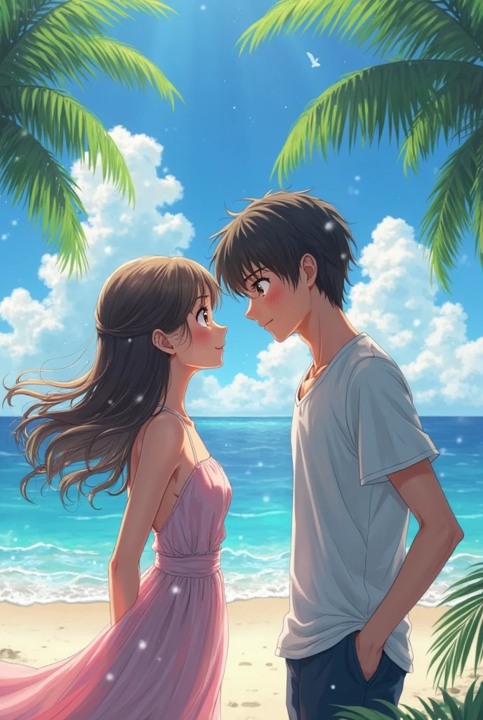 Create a anemy couple in the hart on the beach couple clothes green T shirt and withe Pant Boy T shirt name M and girl T shirt S