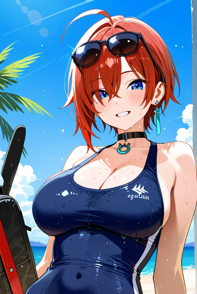 Huge tits, smile, mountain, lake, (best quality), (masterpiece), ariadoa, short hair, red hair, red eyes, hair ornament, blue dress, long sleeves, cleavage, large breasts, choker, halterneck, criss-cross halter, looking at viewer, smiling, big butt,