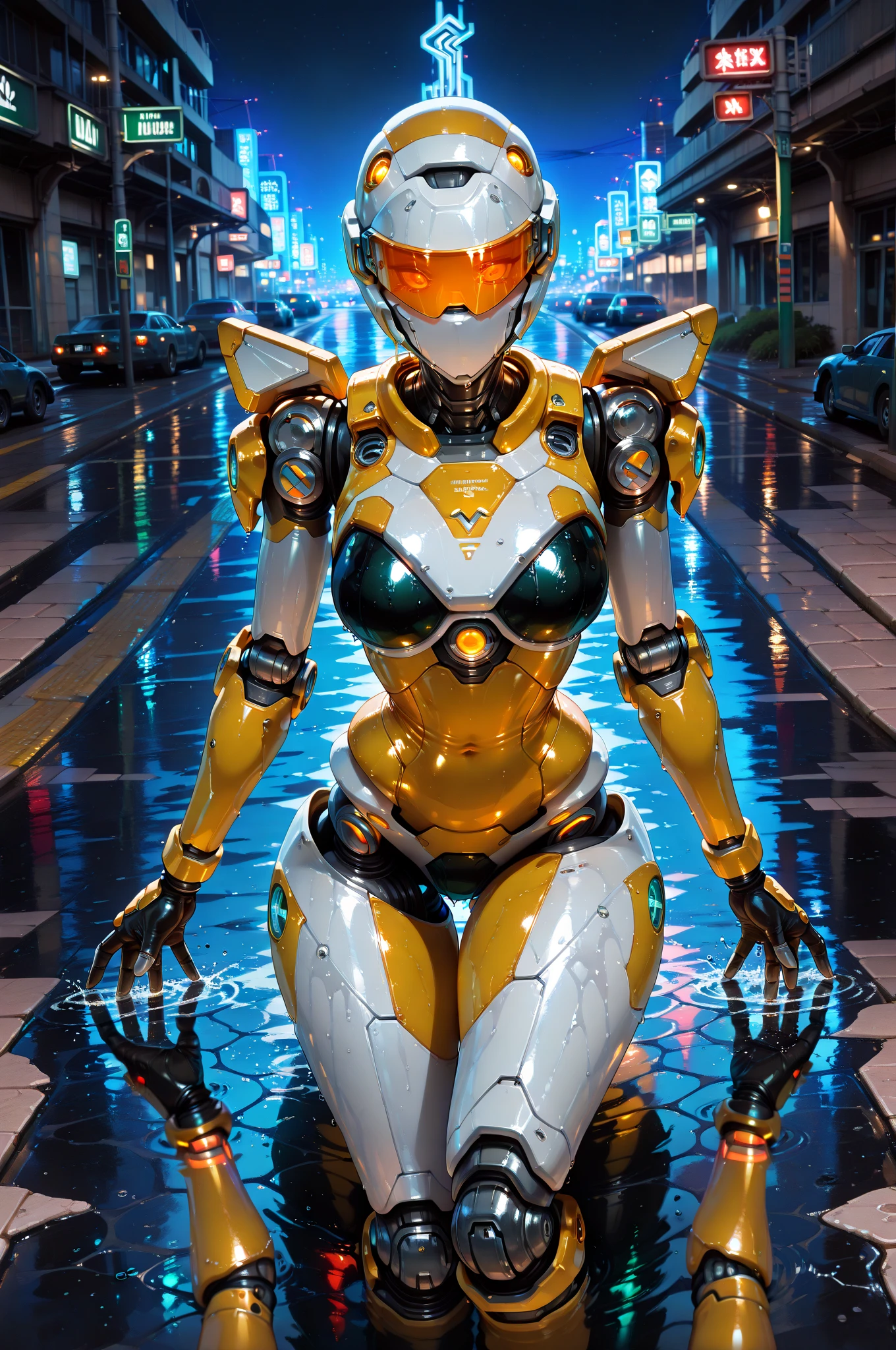 Anthropomorphic sexy tigress, medium breasts, white android body, ((full robotic body)) cybernetic enhancements, combat armour, neon glow, urban setting, back streets of Tokyo, night time,. neon signs reflecting on wet streets, full body view, view from below looking up, photorealistic, high quality photography,