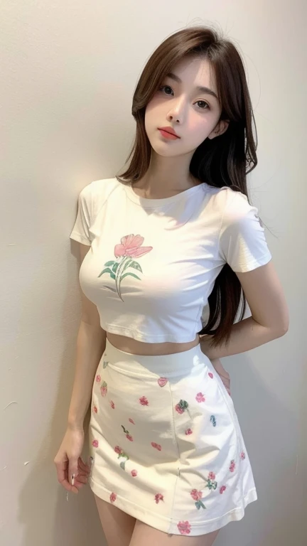 1 girl with red hair in a pigtail, facing the front of the screen, hair with many flowers, white skin, big breasts, big butt, purple short skirt and t-shirt, with angel wings, background Lily garden, standing and posing
