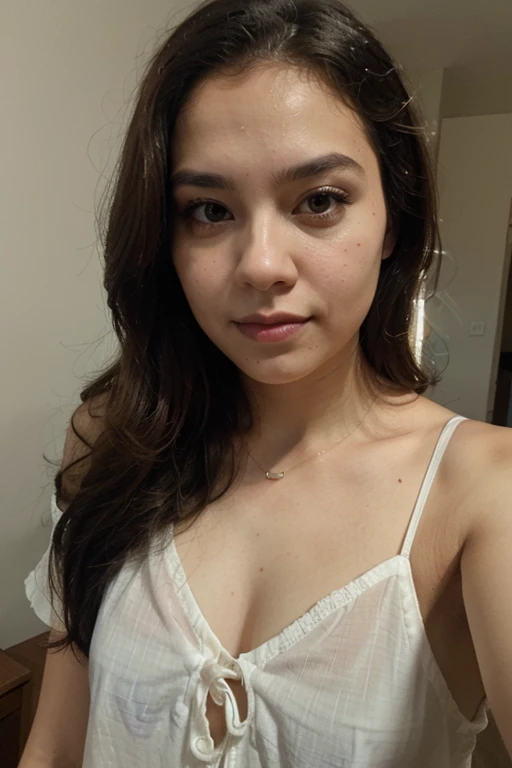 (amateur 1.2), amateur camera selfie photo taken by 21 years old latina female with white skin wearing clothes, black hair, Low exposure, low lighting, unprofessional natural lighting, realistic lighting, dark light, low light, caucasian female with small blackeyes with hyperrealistic eye lashes, hyper realistic skin all over her, beautiful face, detailed face, image noise, low visible impurities, very low slight freckles, detailed skin texture, low detailed skin pores, low impurities on the face, details eyes, eyebrow details showing each individual hair, very minimal and slight redness and imperfections around eye lids, low quality lighting, no light on, normal photo, dressed with a night dress, big tits with bra, slightly smiling looking sexy, realistic tan skin, black very long messy hair, white skin caucasian female, black very long hair, neutral face, small normal black eyes, little spots, very little acne, in a livingroom, head straight to camera, selfie taken by herself, portrait selfie
