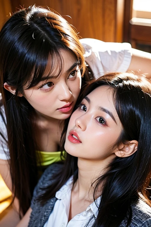 Best quality, high resolution, two girls, heads together, hug, eyes closed, 20 years old, Japanese, beautiful, pretty face, cute face, night cityscape, Short sleeve