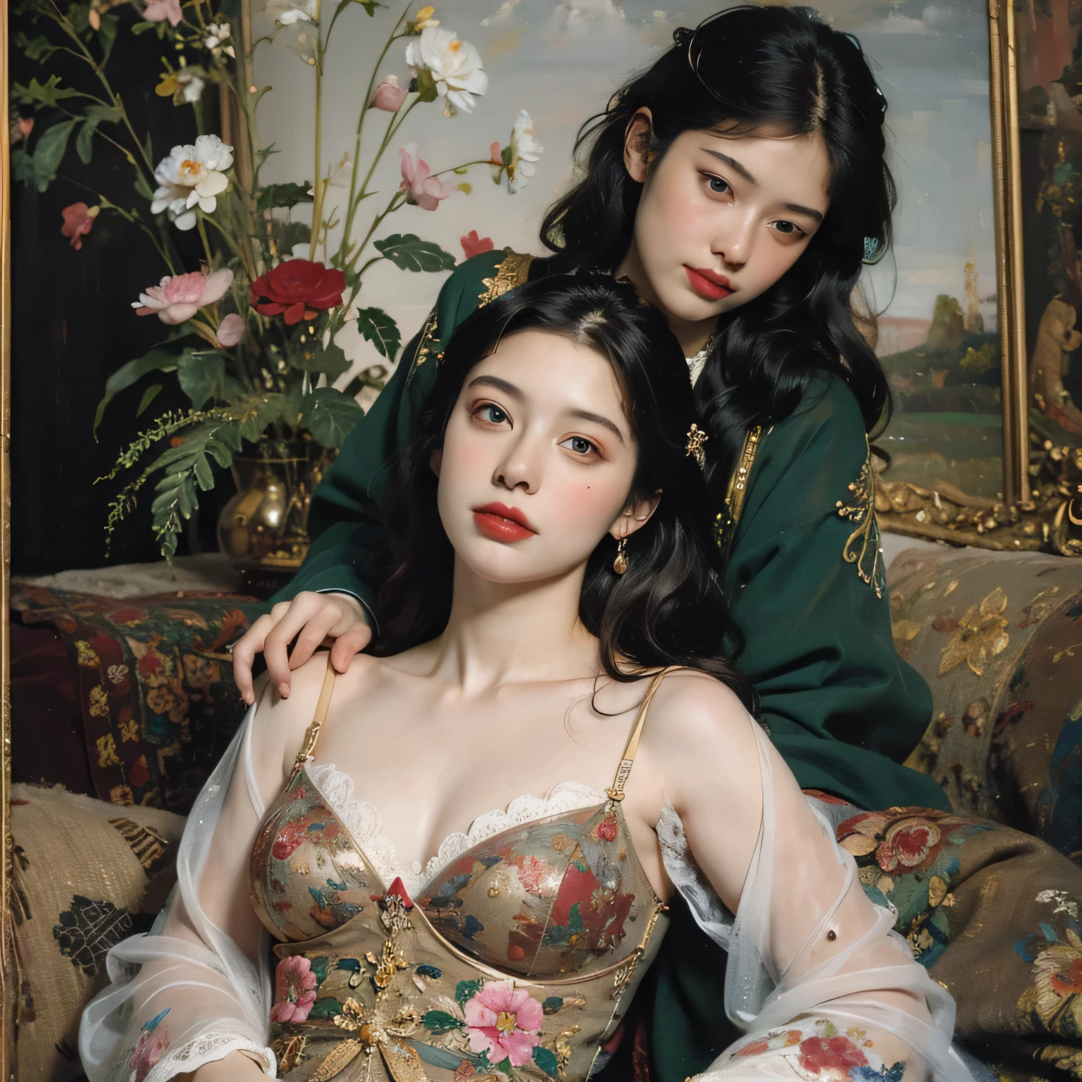 two women in lingersuits laying on a bed with flowers, inspired by Yanjun Cheng, yanjun chengt, painting, inspired by Wang Duo, inspired by Chen Yifei, roberto ferri and ruan jia, girls resting, two models in the frame, two girls, inspired by Fenghua Zhong, inspired by Zhang Xuan, by Dai Xi a close up of a woman with a flower crown on her head, asian features, jinyoung shin, inspired by Yanjun Cheng, traditional art, korean artist, gorgeous chinese model, yanjun chengt, fanart, by Ni Tian, beautiful south korean woman, official artwork, by Wu Bin, wenfei ye, popular south korean makeup, a young asian woman absolutely abstract Retro vintage art print, sexy, glamorous pin-up girl wearing a sailors hat, bikini, A painting of a woman wife ((golden ratio}} laying on the sofa after a long night on the town, a painting, a Beautiful expressive painting, malcolm liepke painting, glossy painting, beautiful digital painting, digital art painting, Fine paintings, monochromatic. malcolm liepke oil painting, impressionist painting.Spread your legs apart, beautiful and delicate face, fair skin