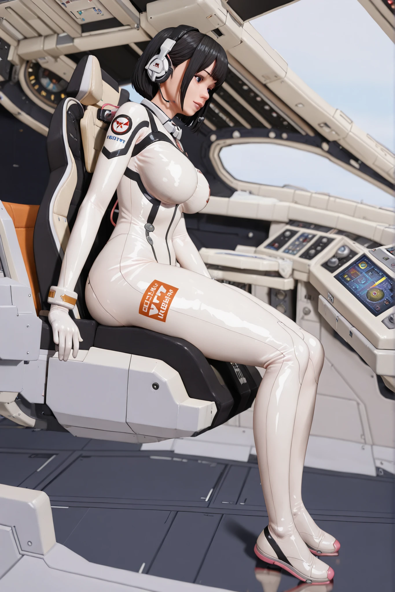 ((Full body portrait, Full body depiction, Realistic, Side angle)), Sitting in the cockpit of a patrol ship, Japanese female pilot wearing a white plug suit with shiny pink lines, shiny black bob hair, shiny nose, large breasts, excellent proportions, wearing an earphone microphone, During acceleration, body is pushed backwards by the acceleration G, body leans back,