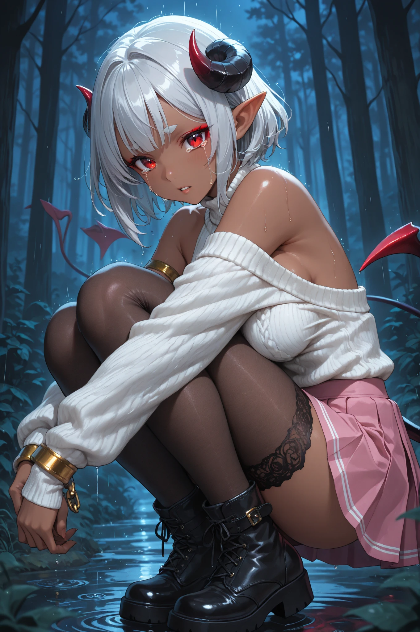 (masterpiece、top-quality、high resolution、Photorealsitic:1.2)、detailed faces and eyes、beautiful face、blue open sky, Realistic pupils、ultra detailed background、18 year old beautiful girl、ponytail, white hair, Shiny hair、Dynamic Poses、(light smile)、Teary-eyes, in the woods, sitting, full body, earrings, ((nipples)), bare foot, light ray, bright sun, (blush) , embarrassed, early evening, breasts view, low angle, from below, (medium breasts), ((short black mini skirt)), (thighs thighs), (underboobs), leaves_flying, bare shoulder, ((no panties)),