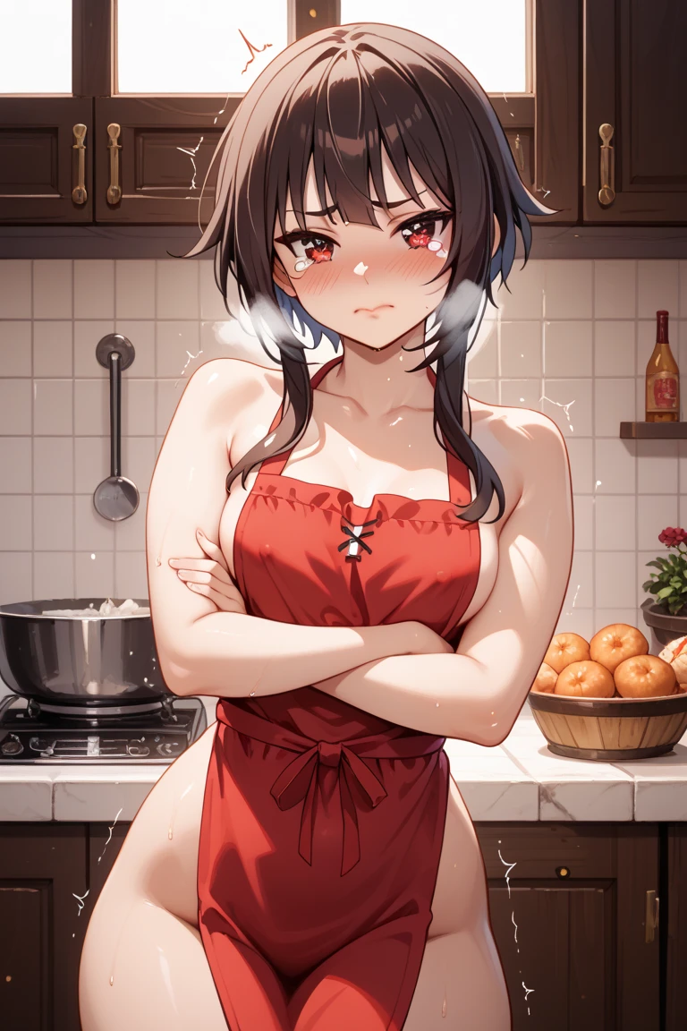 (dynamic angle:1.3, from front:1.1, breast focus:1.3, from above:1.2), (dynamic posing:1.5, sexy posing:1.3, leaning forward), (seductive smiling:1.3),masterpiece, 1girl, pointed chest:1.3,(double breasted:1.2,under bust:1.2), Amazing Cleavage:1.3, thin waist, big ass, Raised sexy, small breast: 1.2 posed cleavage:1.1, looking at viewer, open mouth, platina bronde hair, blue eyes, bare shoulders, collarbone, sidelocks, hairband, sapphire earrings, indoors, red off shoulder sweater dress, arms behind back, short hair with long locks, blue gold hairband, big side hair, very long side hair is rendered in (masterpiece: 1.2, best quality), with (ultra high resolution) and an exquisite (depth of field). This masterpiece is not only visually stunning but also tells,A scene of cooking in the kitchen
