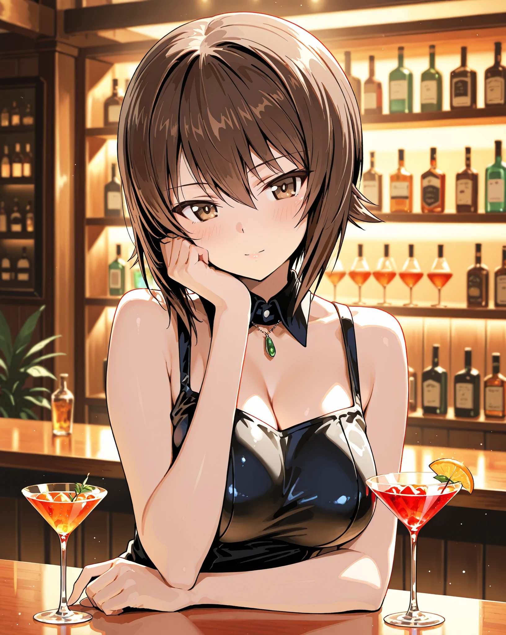 a girl with dark brown hair, short and curly, with freckles, no bangs. dark brown eyes. She is sitting in a bar, small breasts, stripper