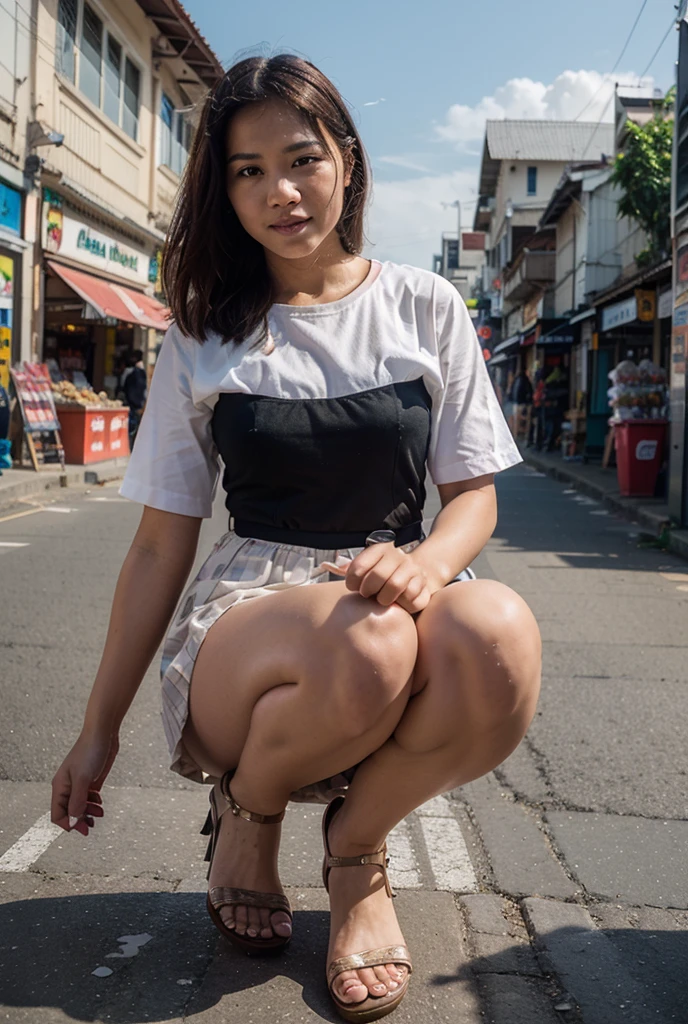 Cute and nude vietnam girl, crouching on the street, cute knees in front of camera, ultra realistic photo