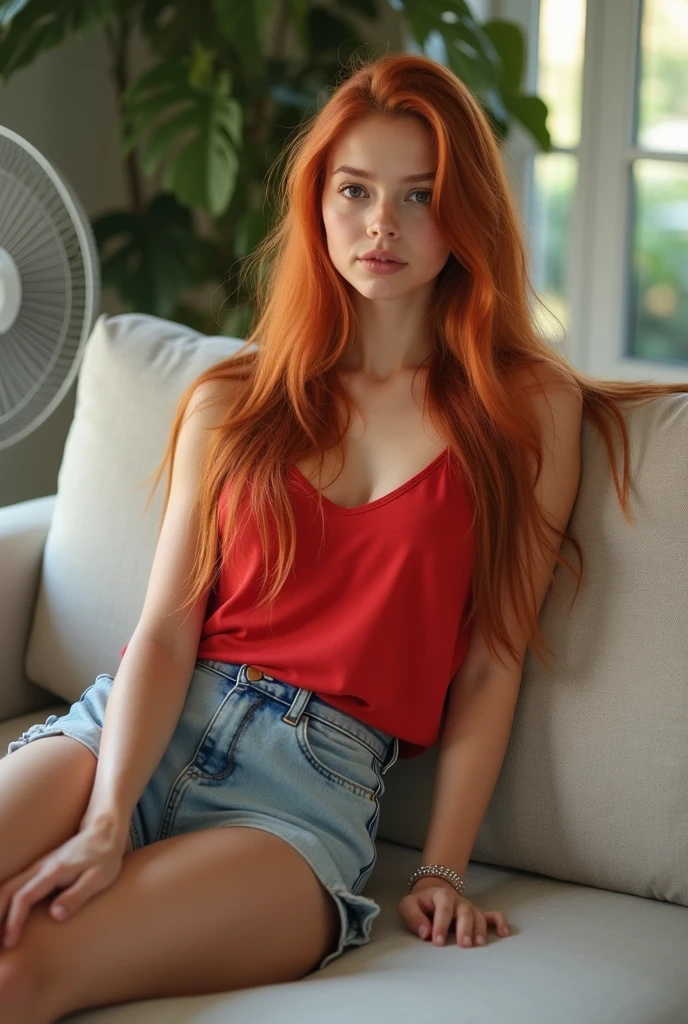((Best quality)), ((Meisterwerk)), (Detaillierte), photorealistic, realistic, 30 years old woman, laying on her couch, small breasts, looking happily into the camera, ginger red hair, red hair, messy red hair, messy hair, cat ears, she is waring an cozy pajamas, tank top, shorts, small breasts, small cup size, photo shooting, living room, erotic atmosphere, sexy,