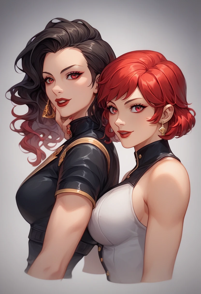 One Hot beautiful milf,tall , perfect body, triangle earrings,red hair,white shirt,black skirt,red lipstick,sharp jawline,face makeup,hair bun ,big breasts, cleavage , smile ,blazer, eyeliner, eyeshadow, detailed face,