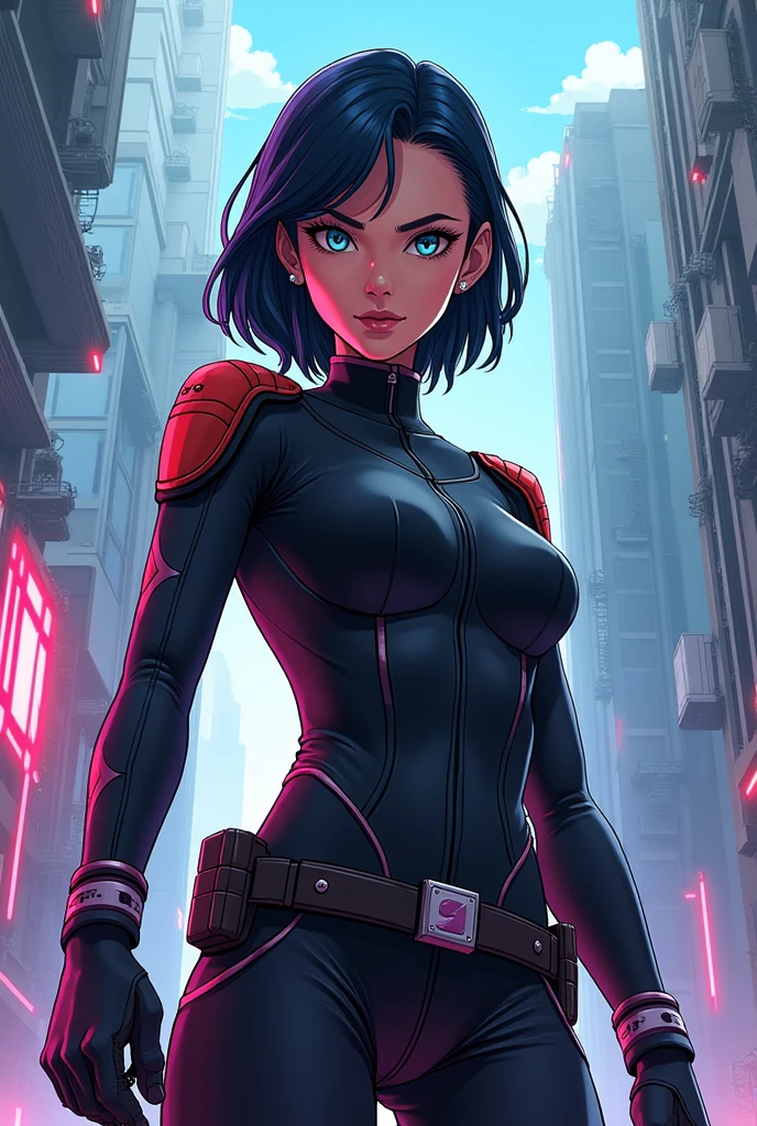 a woman, black hair, blue eyes, well defined body, short hair, red bodysuit, lady bug, well defined body, detailed body, detailed face, masterpiece, best quality, high quality, in a city, marinette dupain-cheng