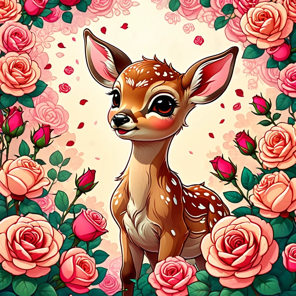 Best quality, masterpiece, ultra high res, a kawaii illustration of a fawn in roses