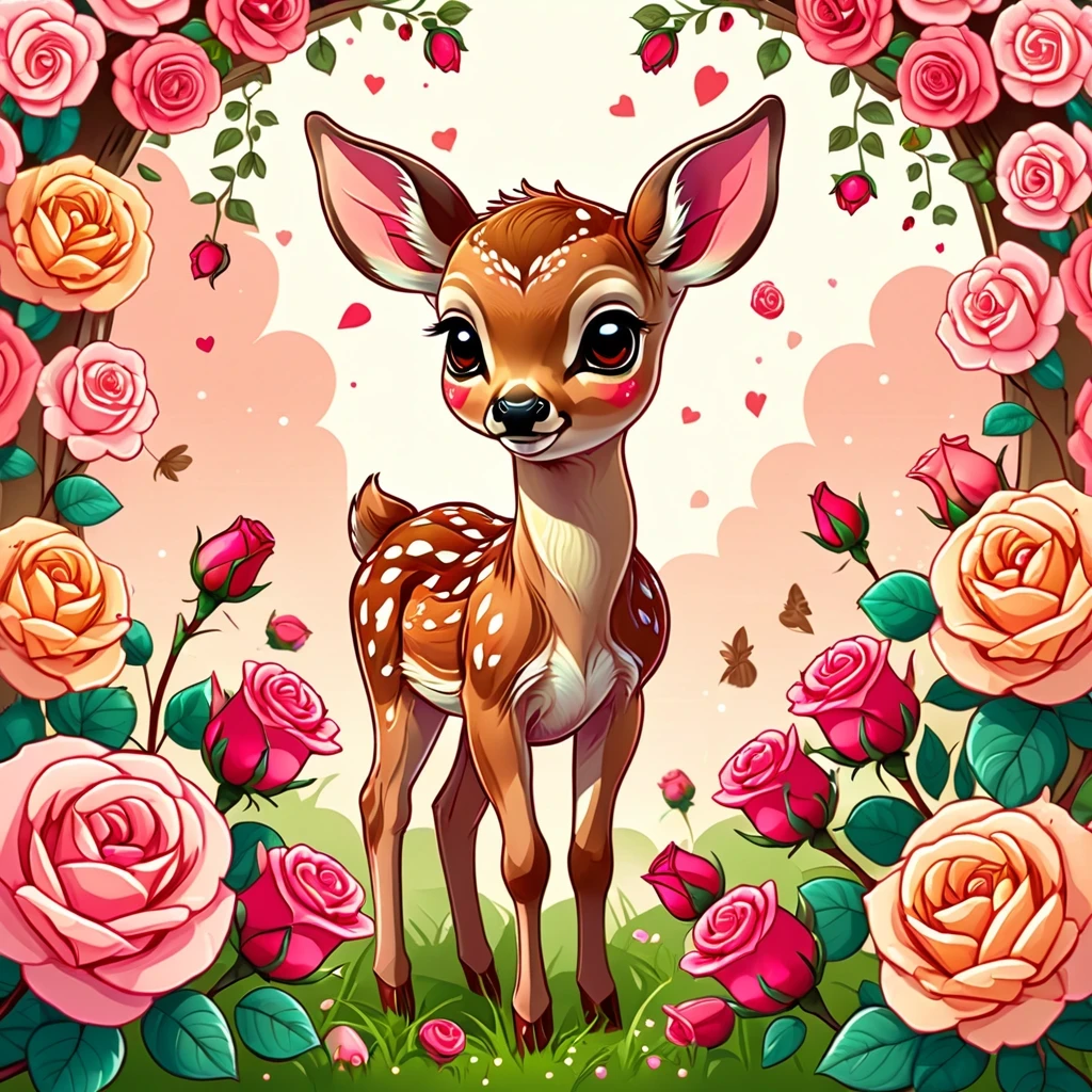 Best quality, masterpiece, ultra high res, a kawaii illustration of a fawn in roses