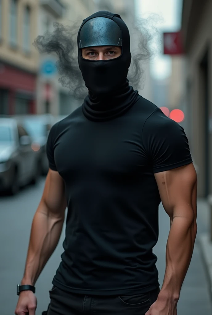 full body picture of a muscular white man in a nightclub holding a small white sign in both of his hands wearing only a black half- face balaclava and black briefs and holding a small white sign in both his hands, he is sexy, skin imperfections, freckles, moles, body hair, super realistic
