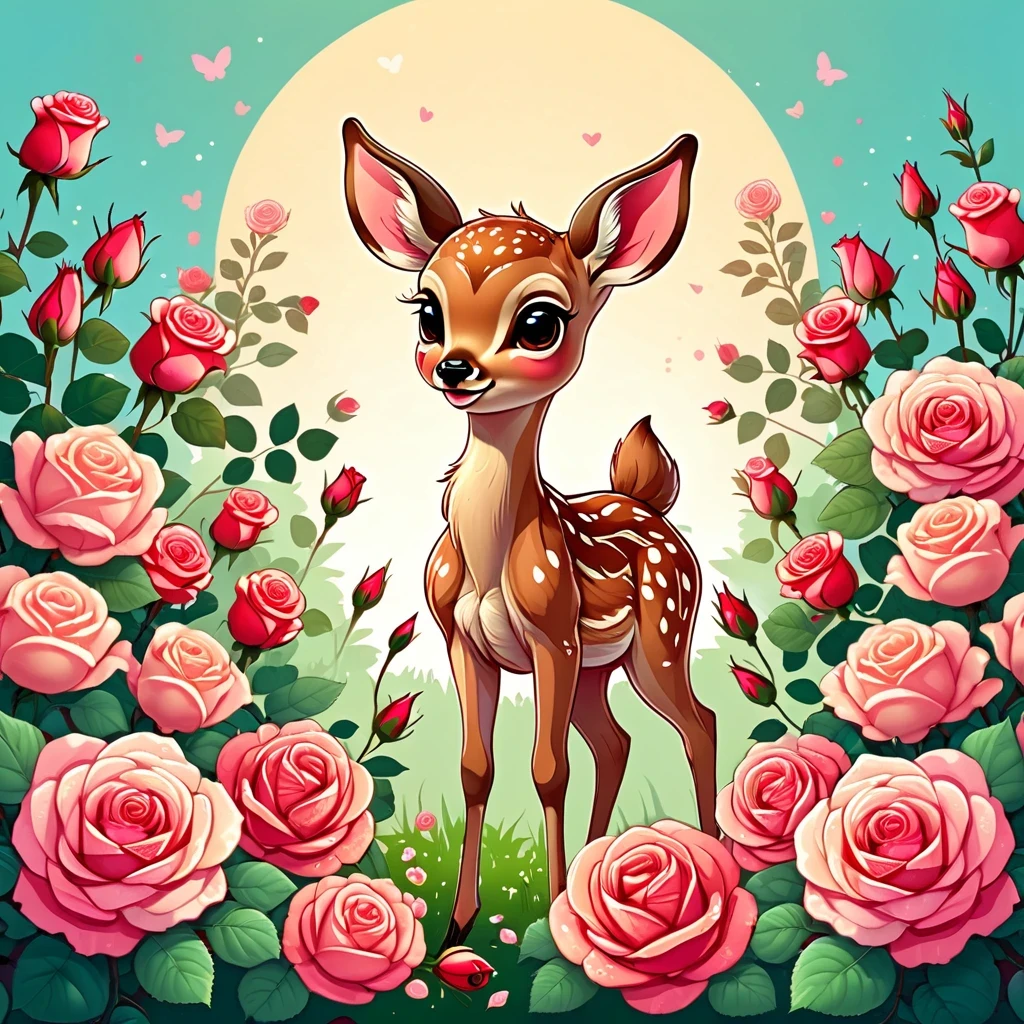 Best quality, masterpiece, ultra high res, a kawaii illustration of a fawn in roses