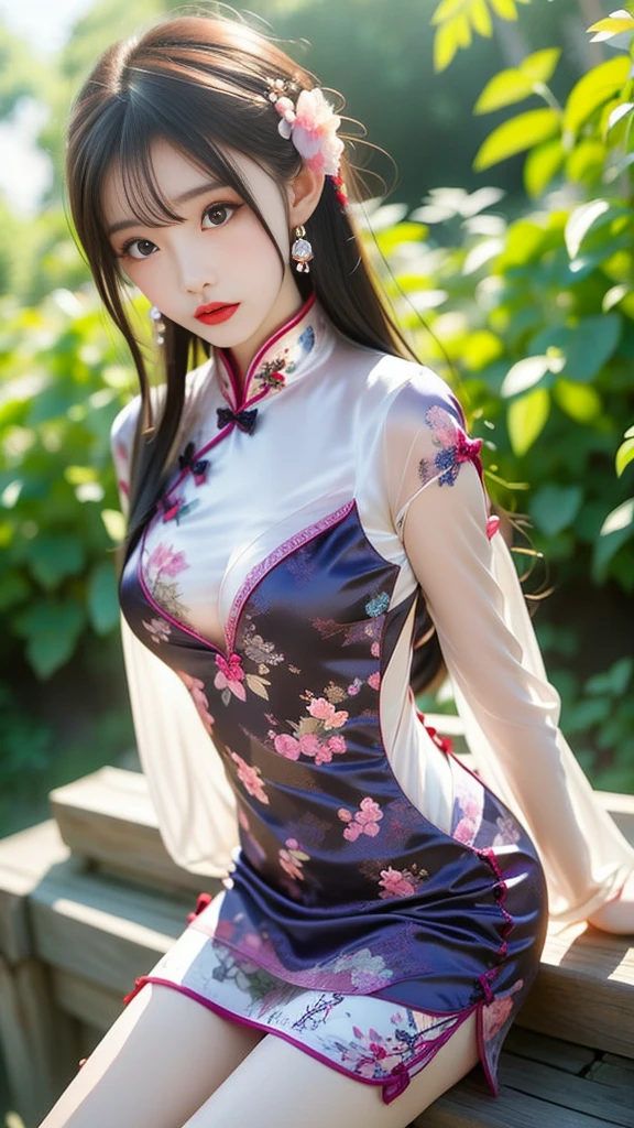(masterpiece:1.4), (best quality:1.4), ultra high res, ultra high resolution, ((detailed facial features)), HDR, (realistic, photorealistic, photo-realistic:1.37), full body Esbian, sexy Thai model, (-anime), vivid colors, ((vivid colors multicolor (red, fuchsia) very short hair)), ((seductive smile)), lip-gloss, long lashes, ultra detailed metallic makeup, defined eyebrows, wearing large sparkling colorful jewelery, (wearing a red silk Paradise Kiss cosplay dress with black floral embroidery), ((vivid colors outfit)), vivid colors, look at the camera, cinematic light, large park background with trees, sweet and sexy pose