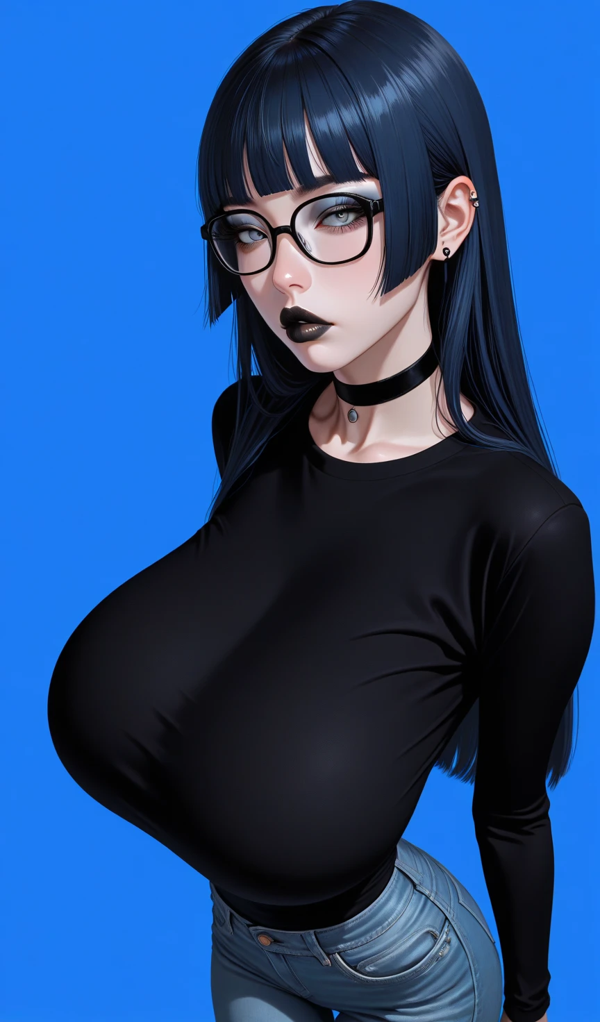 Mostrando a bunda sexy, bblurry, traditional art, liu2, brush texture, punctuation_9, punctuation_8_High above, punctuation_7_High above, 1 girl, Bblack hair, braids, slickedback hair, long hair, grey-eyed, thick lips, mic, long eyelashes, half-closed eyes, black frame glasses, round glasses, black choker, Blunt bangs, grown-up, black eyeliner, breasts big, ear piercing, black lips, grey-eyedhadow, looking ahead at viewer, break solo, standing, grown-up, skinny, leg high, arched back, tight slit, break (White background:1.2), simple background, dynamic pose, dynamic angle, angled shot, big breasts