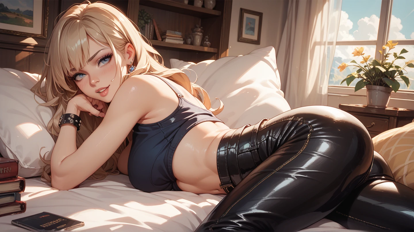 Create a high-quality image of a stunning 18-year-old wolf girl with tan skin. She has long blonde hair and captivating red eyes, wearing a see-through blue tank top that shows her midriff barely covers her nipples and tight sleep shorts. She is sitting on the edge of her bed in a dimly lit, gaming bedroom with the window open, letting in a gentle night breeze. Her posture is alluring, with one leg bent up and the other stretched out, facing the camera seductively. The room is decorated with modern nerdy items, showcasing her love for video games and anime, including a high-end gaming PC, sleek gaming desk, ergonomic gaming chair, and the latest gaming console, as well as stylish anime posters and figurines. The overall ambiance is cozy and intimate, with intricate details enhancing the high-quality visual artistry.