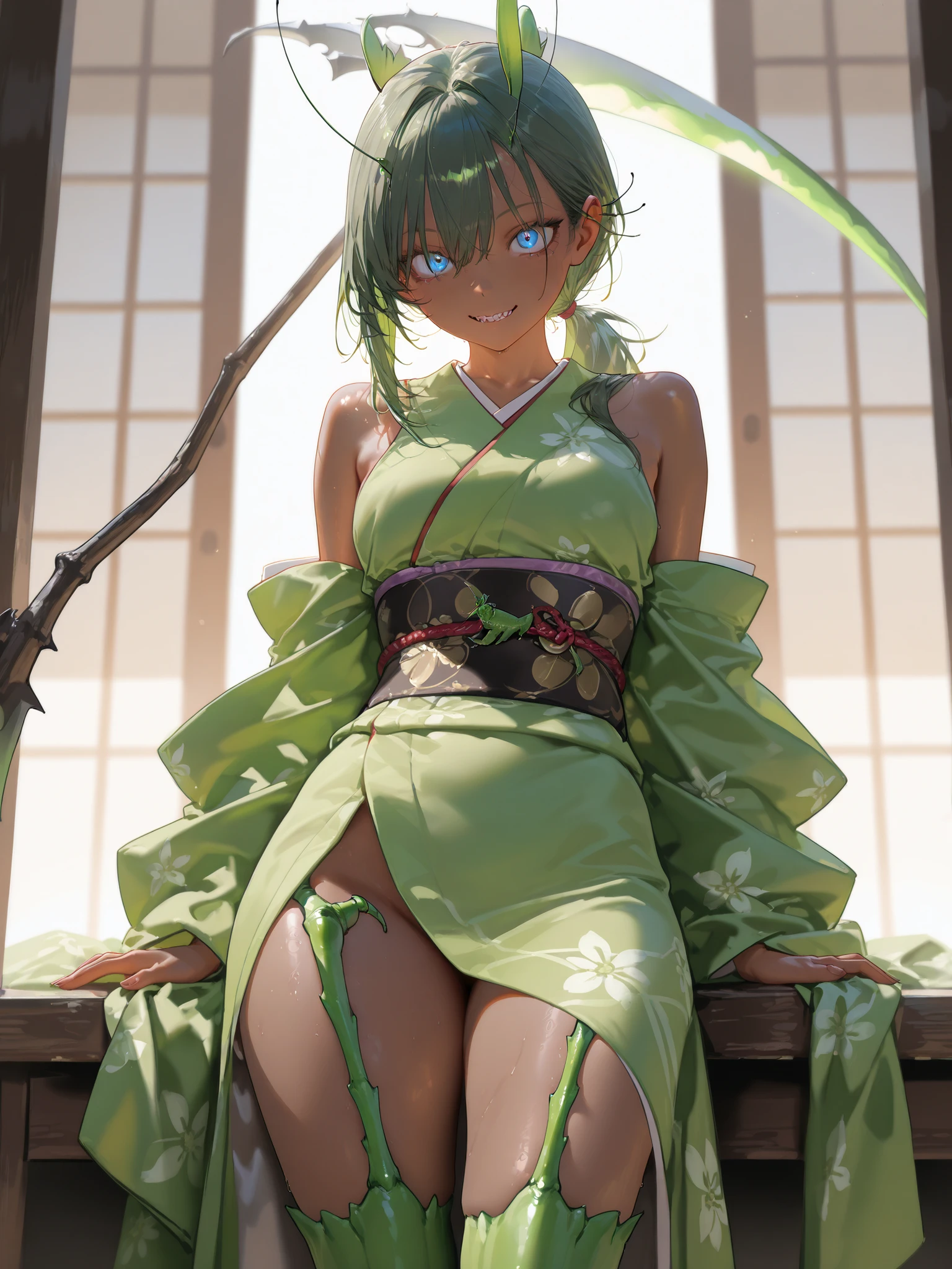 (Masterpiece, High Quality, Top quality, High-Detailed, Detailed CG, Cinematic Shadow, Cinematic Scene, Beautiful Detailed Eyes, Ultra Resolution, Depth of Field, High Resolution, Masterpiece: 1.2), Anime Art style, Very Detailed, Dynamic Angle, Teen Style, Detailed Green Hair, Detailed Blue Eyes, Slim Body, Sparkling Eyes, Sparkling Detailed Eyes, Hair Accessory, Earrings, Slightly Blunt Bangs, Looking at the Audience, (Blush Expression:1.2), (Angry Expression:1.2), (Dark Green Hair), (Chinese Style Lingeries), (Chinese Lingeries)(Chinese Underwear), (Chinese Flower Pattern on Lingeries), Lingeries, Underwear, Purple Eye, Good Composition, Arms Behind, Thighs, Small Breasts, Small Size Breasts, sitting, Spread Legs, Blur Background, Chinese Architectures