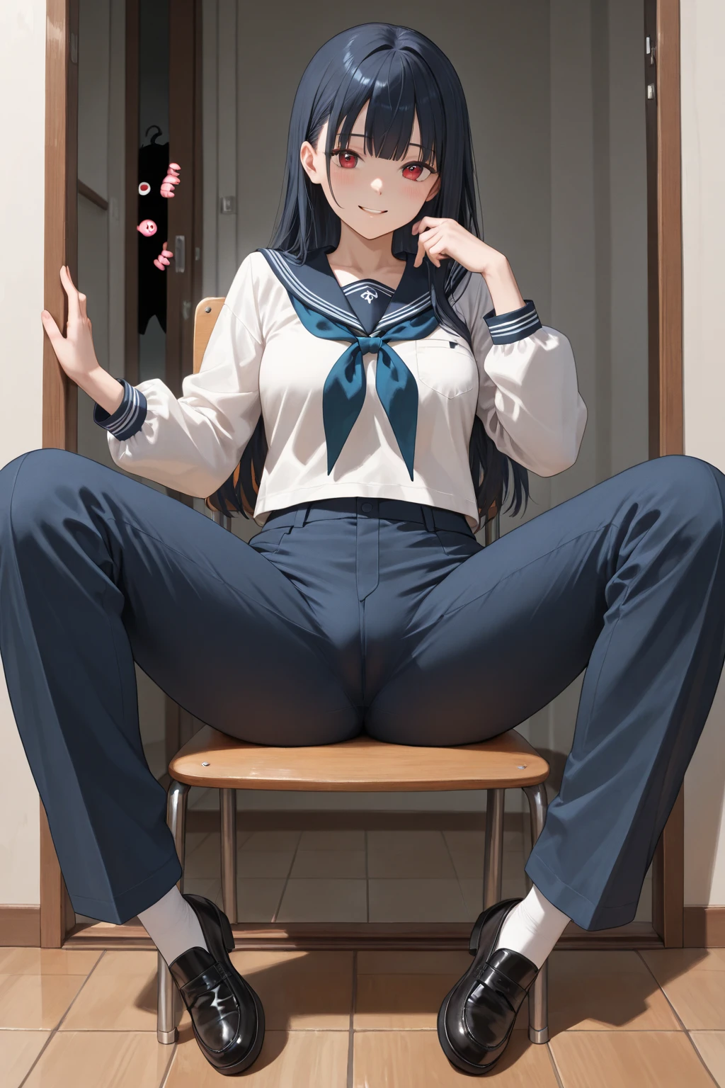 score_9, score_8, score_7, sauce_anime,
evaluation_general, anime, Official Art,
kanamori, Wear glasses on your head, Seraph Freckles, Pleated skirt, blazer, Blue Skirt, Sit on a chair,mini skirt,Spread your legs,Thighs,Bare legs,Satin panties are visible,One girl,alone, indoor,