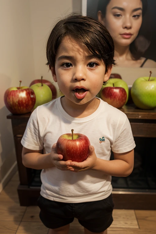 well dressed 3 year old boy,  eating giant apple. Foto realista, de alta qualidade 4k.