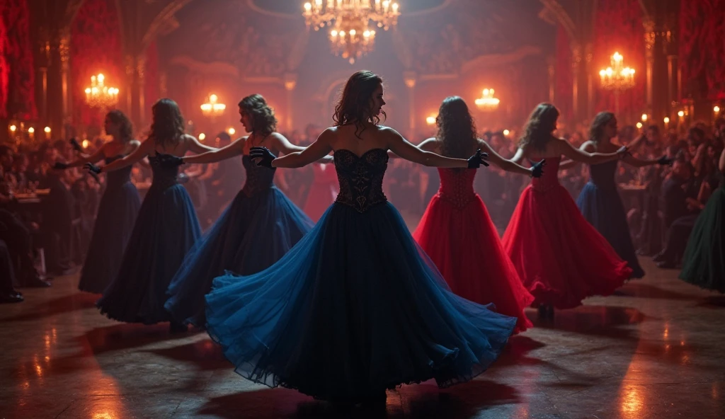 a group of beautiful princesses, dressed for a royal ball (ballgowns, long gloves, tiaras), dancing in the street at night in the rain, wet hair, wet dresses (((drenched))) (((soaked))) (((dishevelled))) (((clinging)))