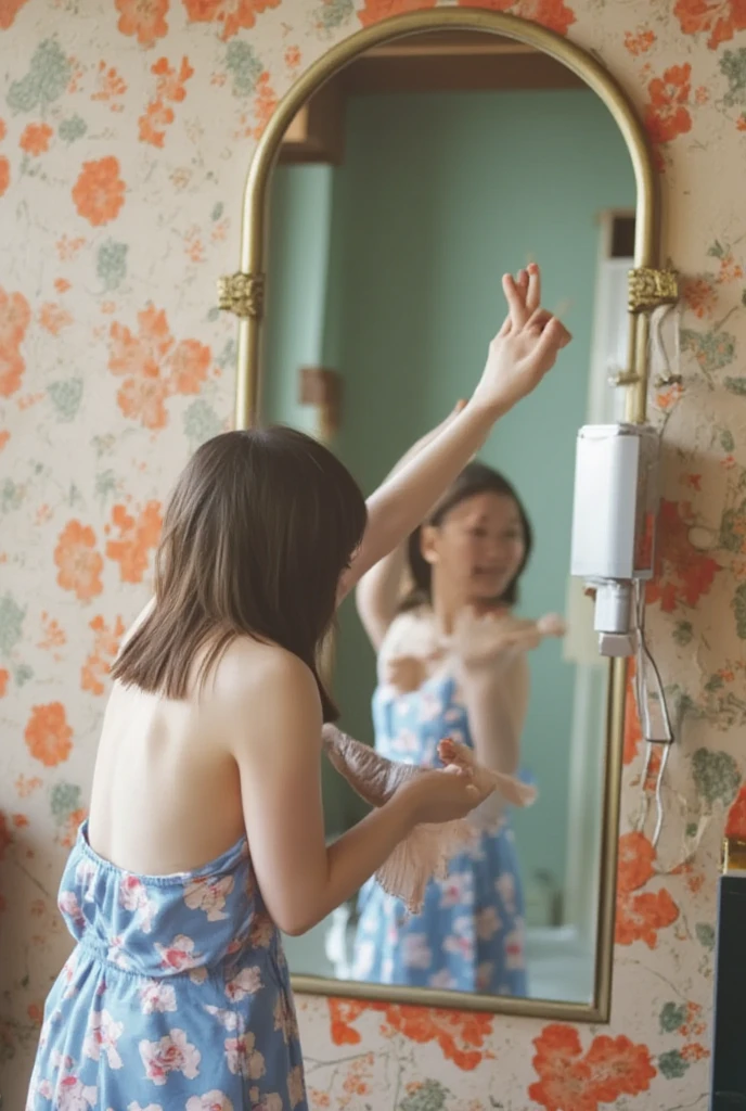 2heads, Extra arms, a woman standing in dront of mirror, blue bra, curvy arms, incredibly beautiful, strong pose, very beautiful, arms to the side, 4 arms and 2 legs!, curvy arms, multiple arms, armpits fused to shoulders, normal hands, slender body, smiling, identical faces, 21 years old, upper body shoot, korean
