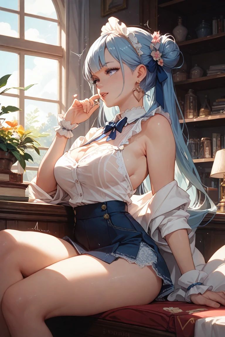 Character Details:, - Gender: 1 Girl. - Style: Anime, - Body Type: Attractive body, slim body, nice legs, slim tights, nice arms, nice shoulders. - Breast: ((Small Breast:1,5)), Show Cleavage, Nipples. - Facial Feature Beautiful, Gorgeous, Teenager, Fresh, Young. - Expression: Smile, Pink Blush on Face, Sexy Eyes, Sexy Look, Innocent Look, Tipsy. - Hairstyle: Blunt Bangs, Long Hair. - Hair Color: Light Blue Hair. - Clothing: off-shoulder, office shirt, skirt, stocking. - Body Pose: (Sitting). - Behaviour: Waiting, Want Something, Secretly. - Accessories: Earrings. Environmental Details:, - Setting: Office Room., - Lighting: Natural Light., - Decoration: Modern Office Desk, Chair, Window, White Curtain, City View. Top view.- Masterpiece, top quality, best quality, official art, beautiful, and aesthetic:1.2 Highest detailed:1.2, Crisp details, Sharp lines, Rich textures, Fine craftsmanship:1.3 - High resolution, Meticulous rendering:1.2, POV, anime style, UHD, retina, masterpiece, accurate, anatomically correct, textured.
