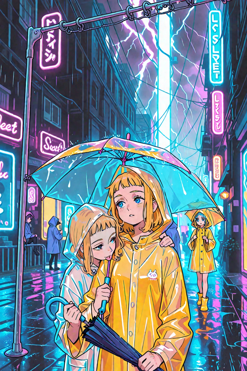 (high quality), (neon) ghost coming out of the mouth of a doll sitting in the rain
