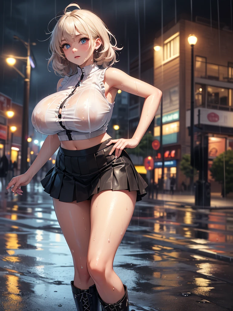 ((15 year old, A very cute girl in school uniform in a busy downtown)), ((Wet White Button Long Shirt: 1.1)), white extreme mini skirt, Micro Mini G-String, (((Huge breasts :1.4, and droopy breasts:1.5))), 8k, RAW photo, ((full body shot)), (highly detailed skin:1.2), (exposed:1.5), (exposed breasts:1.5), (exposed back:1.5), (exposed shoulders:1.1), (exposed crotch:1.5), photography, masterpiece, best quality, dark grey background, (a beautiful caucasian girl with beautiful blue eyes, skinny beauty, light blonde hair, white skin, Huge soft breasts and beautiful abs, blonde pubic hair, wearing white gloves), various pose, Ultra-detailed face, Detailed eyes, ((No closeup)),  ((outdoors)), (Rain, Street: 1.2), bare ass.