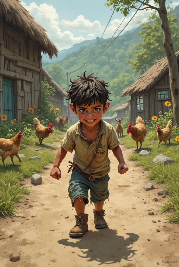 Young boy shouting in village with his goat's
Help help