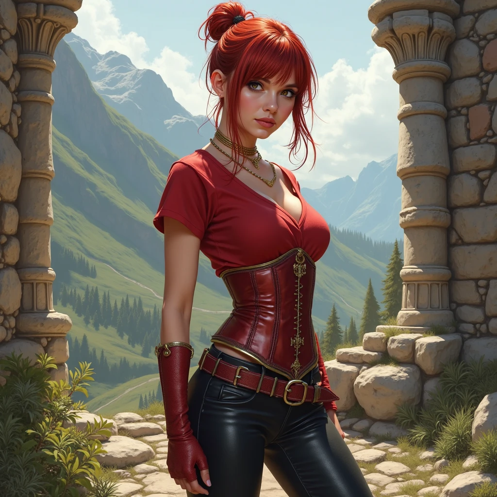 solo, alone, close up, portrait, sexy woman, short red hair, pink eyes, sitting in a tavern, mountains in background, looking at viewer, fantasy thief, rogue, perspective, sneaky, leather armor, deceitful