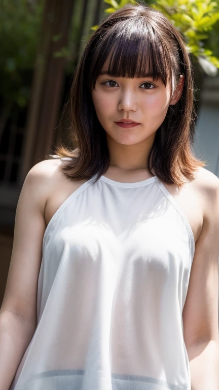 Picture taken from the front, with the left and right sides equally spaced, draw symmetrically, simple background, stand upright, upper body, (arms behind back:1.5), One girl, very short hair, (camisole, sports panties)
