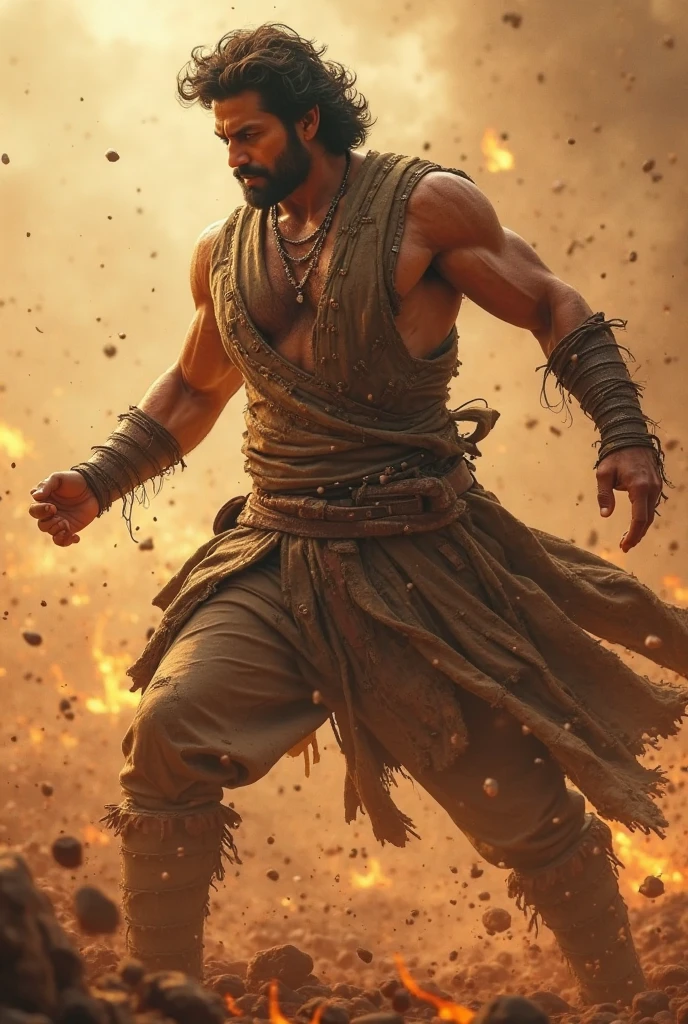 An image of a muscular Middle-Eastern man in a builder's attire, his clothes dusted with cement and his face streaked with sweat. He's determined and powerful, breaking free from heavy, rusted chains that were previously around his wrists. The chains shatter around him, symbolising . His surroundings are a rugged construction site with incomplete buildings, piles of bricks, and equipment scattered around. Morning light casts long shadows, creating a dramatic intensity in the moment.