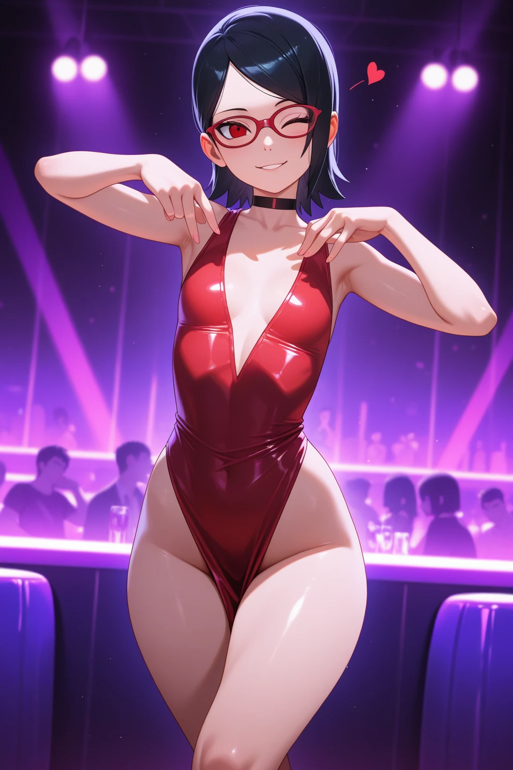 beautiful teenage girl, medium breasts, cleavage, very thin body, very short hair, purple hair, blue eyes, freckles, seductive, happy, smiling, blushing, black strapless high-waist leotard, high heels, thigh high socks, thin frame eyeglasses, crowded night club background, 8k, highly detailed, perfect ???????